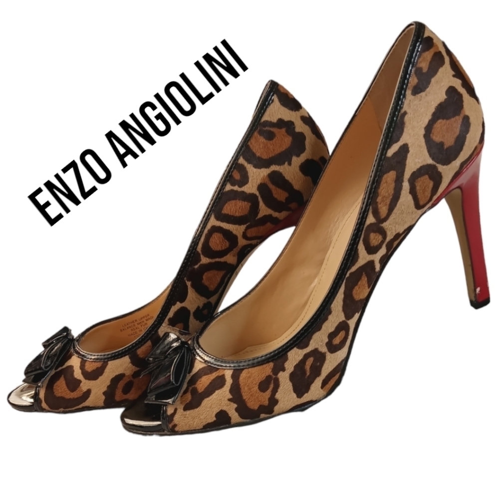 Enzo Angiolini Real Fur Peep Toe size 9 Leopard Print Stilleto 👠